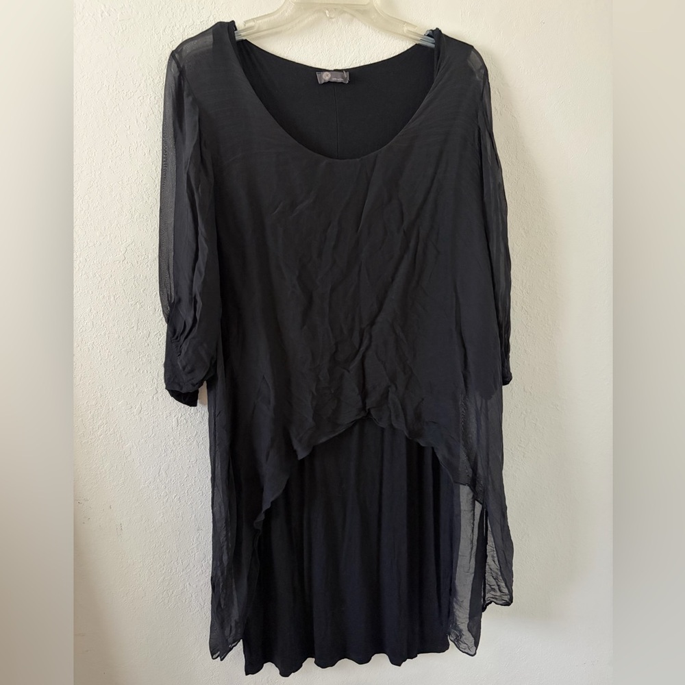 ‘Made in Italy’ Black Sheer Layered Tunic Dress